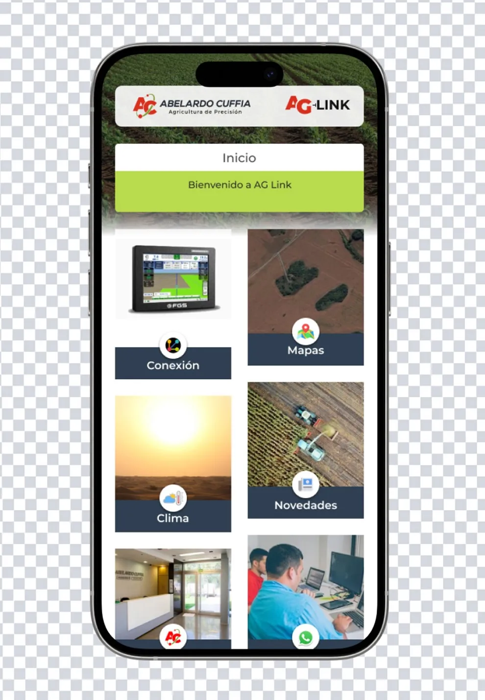 AG Link mobile interface screens