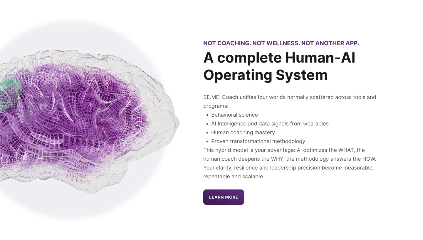 BE.ME AI marketing site, introducing the product as a Human-AI operating system