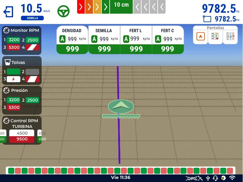 The main FGS screen showing real-time seeding and application data