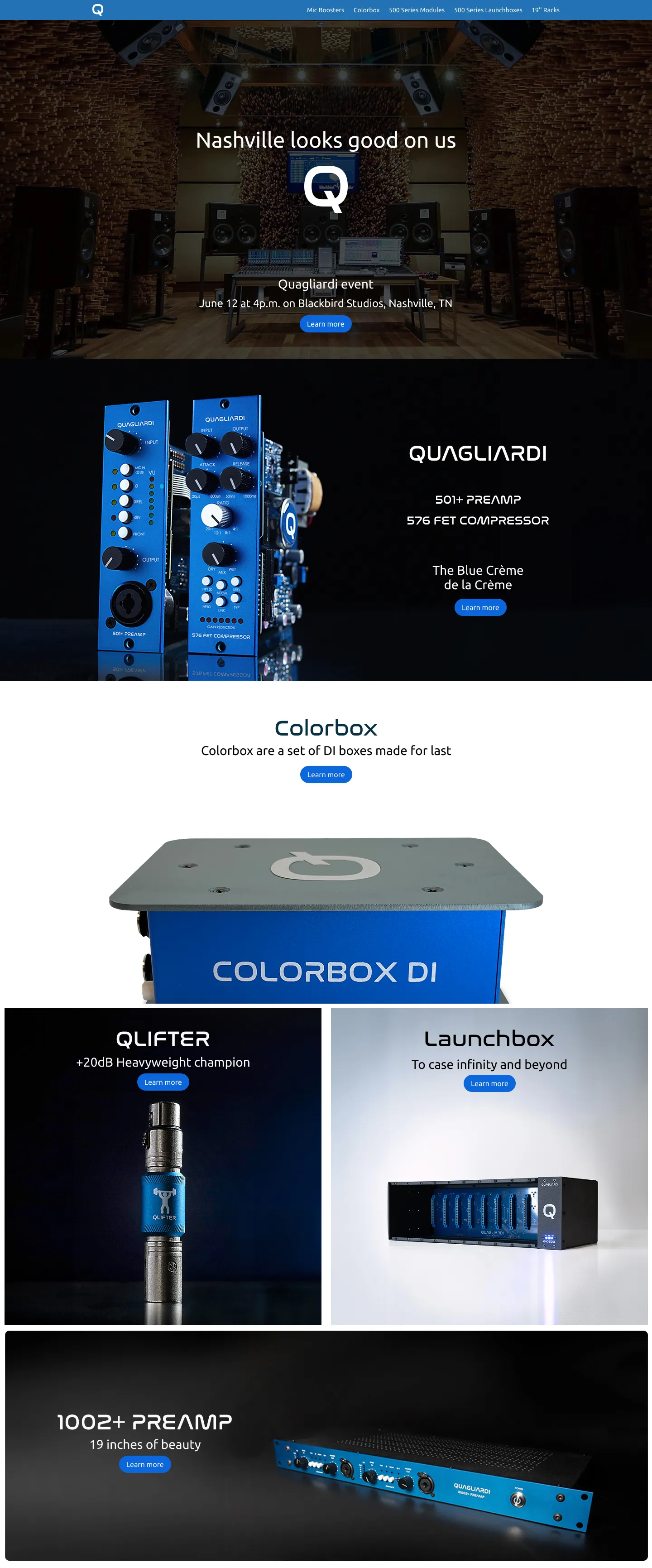 Homepage featuring all Quagliardi Audio products
